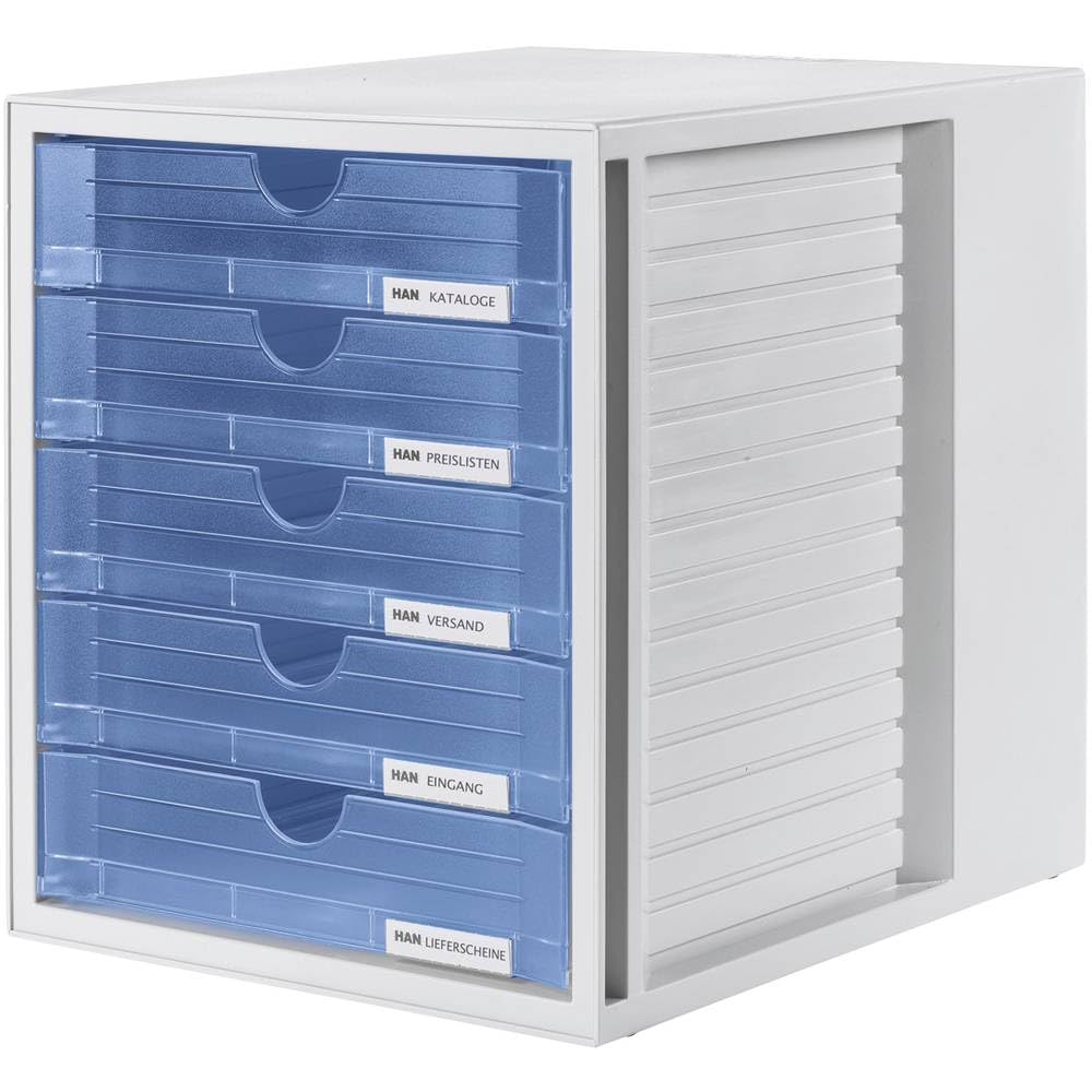 HAN Schubladenbox SYSTEMBOX mit 5 geschlossenen Schubladen, Schreibtisch oder im Schrank, inkl. Auszugsperre + Beschriftungsclip, möbelschonende Gummifüße, 1450-64, lichtgrau/transluzent-blau