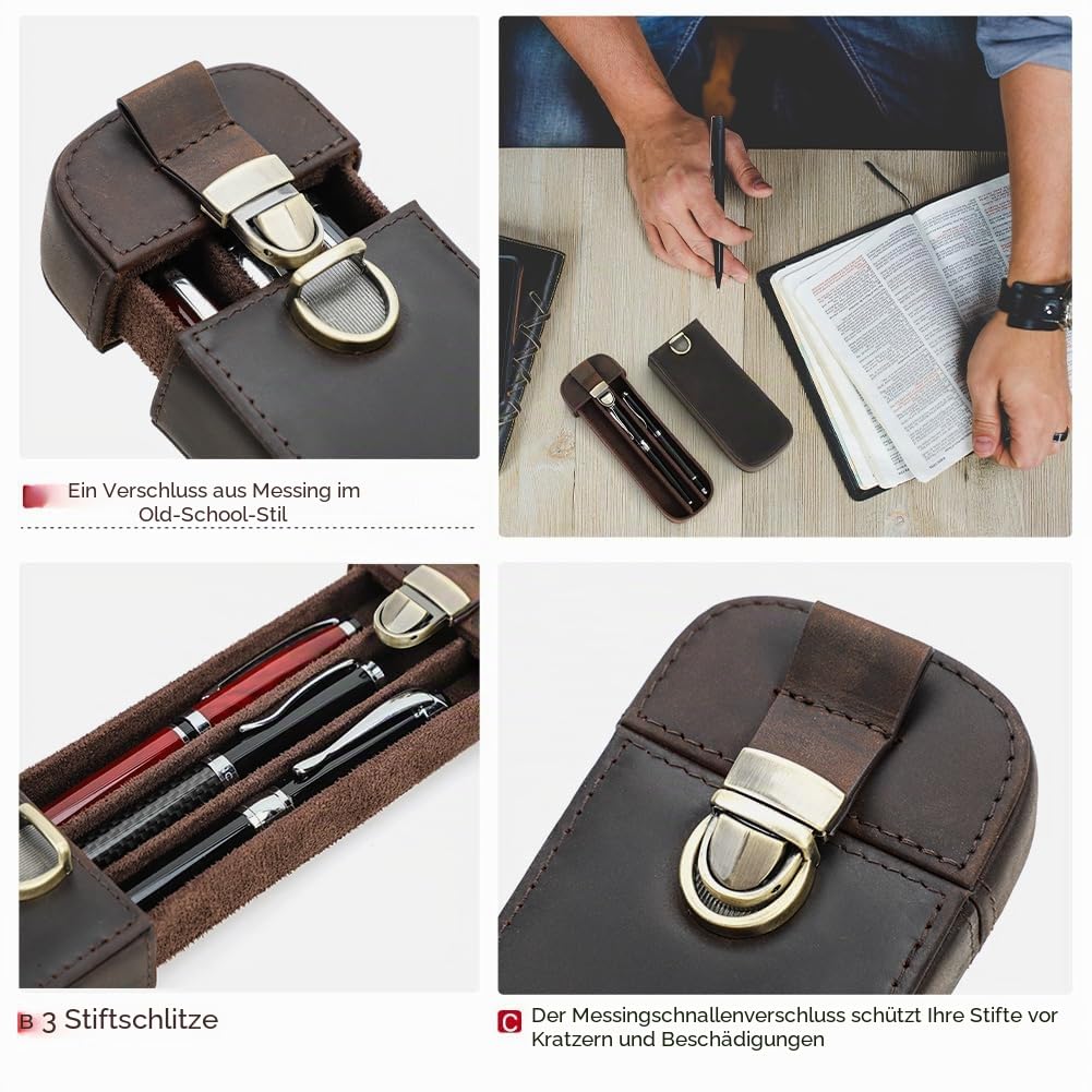 Top‑Grain‑Echtleder Etui für 3 Stifte, minimalistische modische Gestaltung, handgefertigt, Steckverschluss mit Schublade, Geschenk für Männer und Frauen, Bürogebrauch, glänzendes Kaffee, 3 Fächer