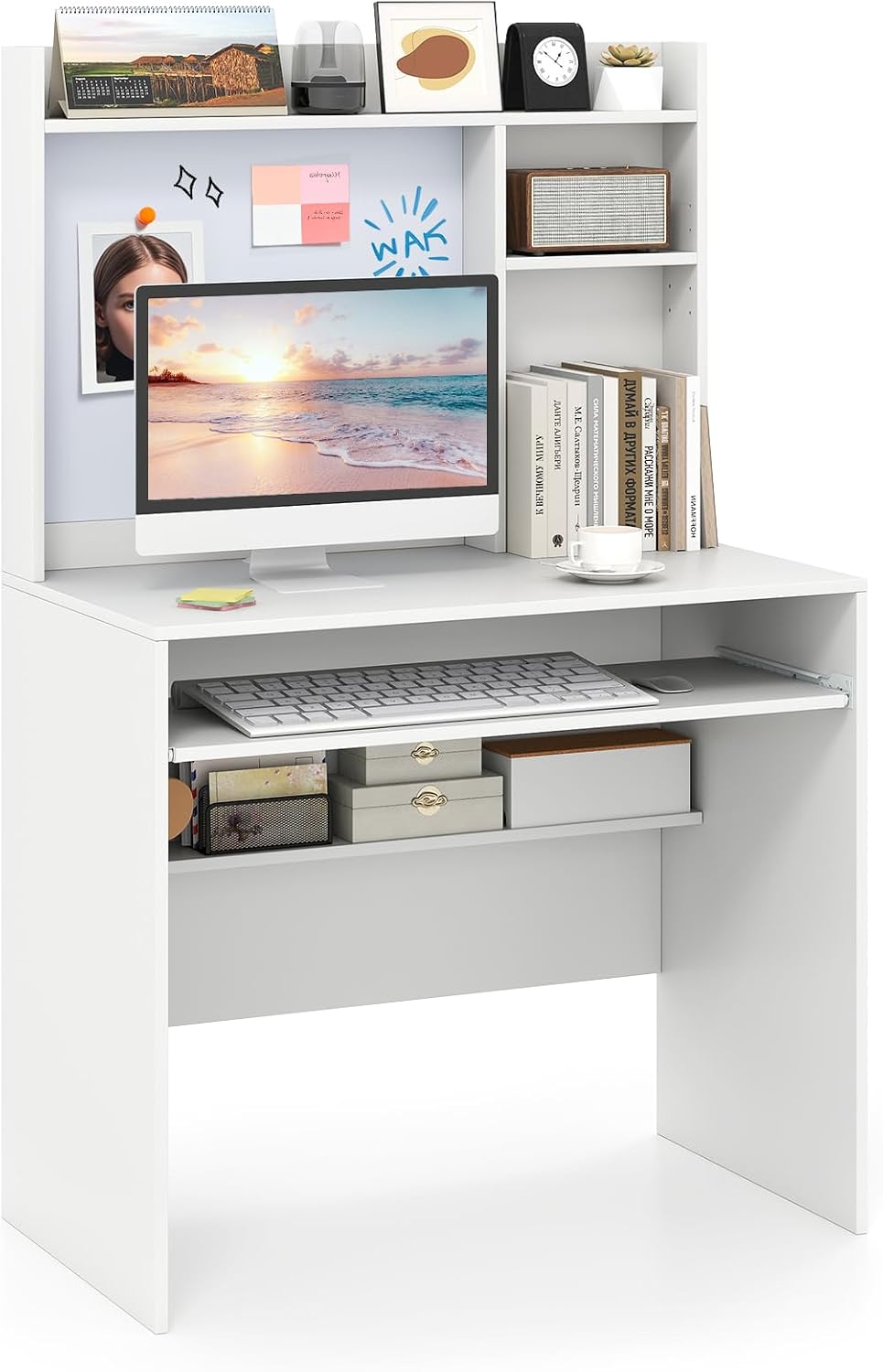 Nightcore Computer Desk with Hutch, Home Office Desk with Magnetic Whiteboard, Keyboard Tray & Storage Shelves, Compact Laptop PC Desk with Cable Holes, Modern Writing Desk for Bedroom, Study