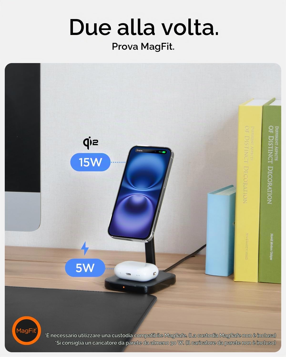 Spigen MagFit 2-in-1 Qi2 15W Caricatore Wireless iPhone con Supporto MagSafe [Cavo USB-C 2 M Incl.] Per iPhone 17/16/15/14 Pro Max 17e, Samsung Galaxy S26, Pixelsnap per Pixel 10 e AirPods/Pixel buds
