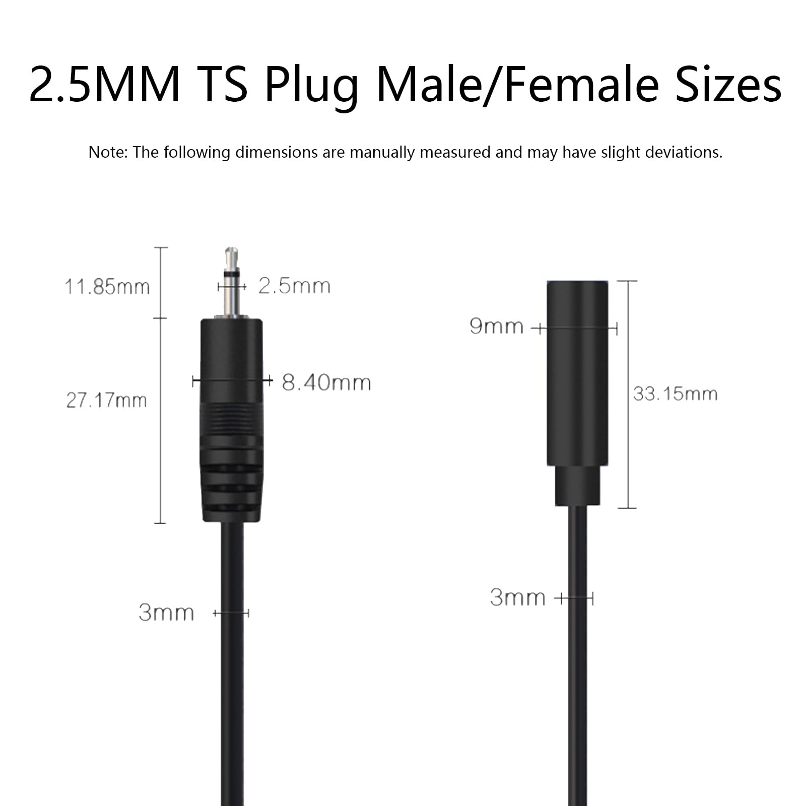 3 cavi di prolunga da 2,5 mm femmina a filo nudo da 2,5 mm, TS 2 poli femmina mono da 2,5 mm per cavo di ricambio da 2,5 mm