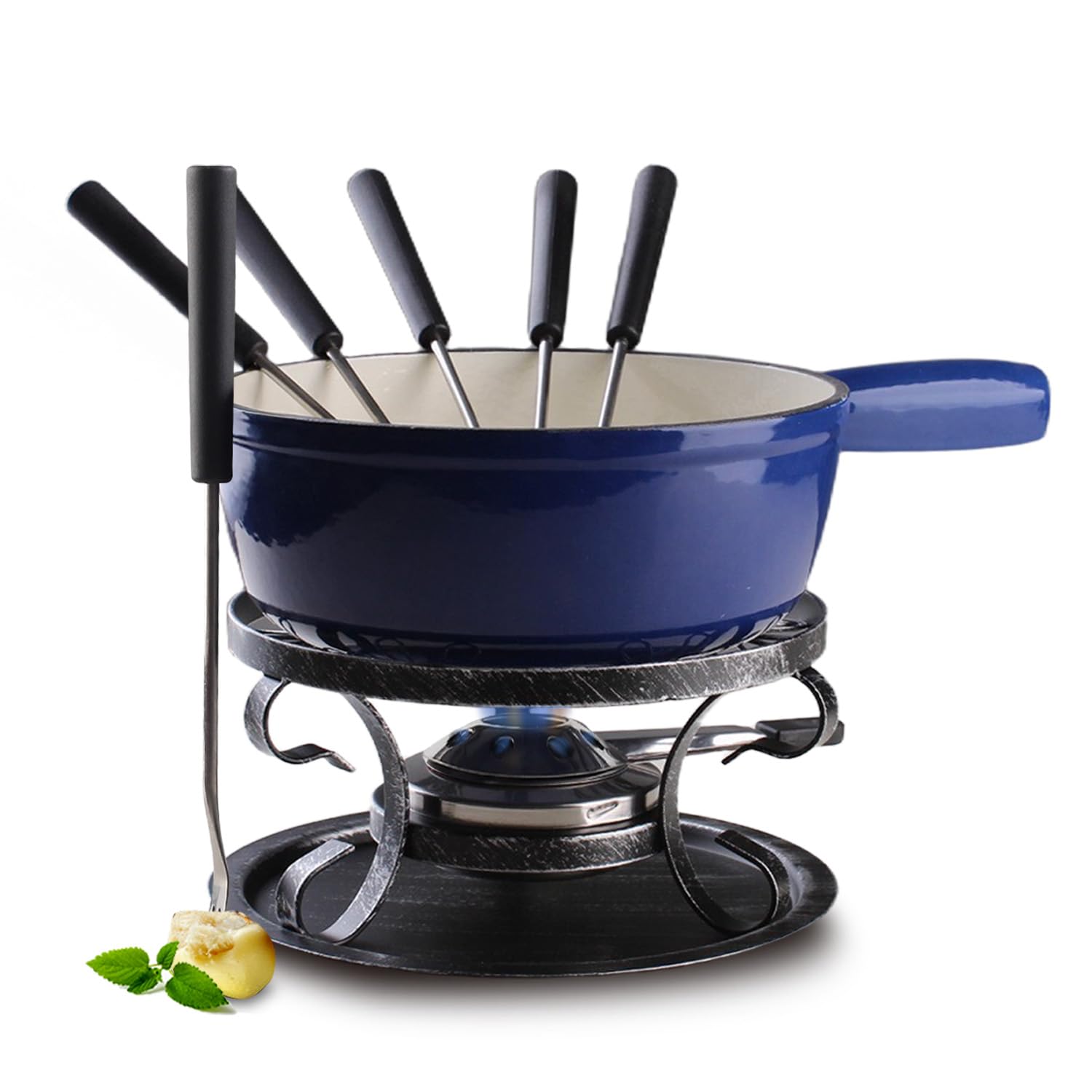 Artestia Cast Iron Fondue Pot Set for Cheese & Chocolate, Fondue Set for 6 with Burner & 6 Forks, Swiss Fondue Pot for Party, Family & Gift, Blue