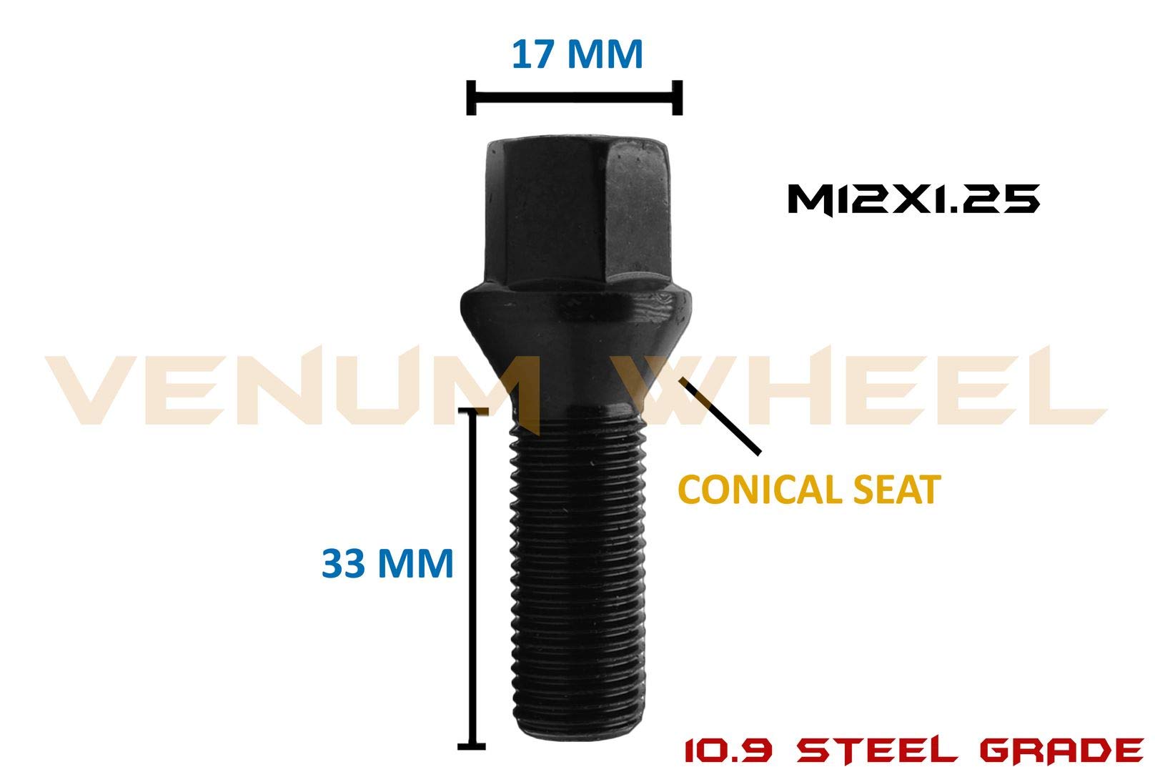 20 Black Acorn Cone Seat Lug Bolts - 12x1.25, 28mm Shank For Fiat 500, Dodge Dart, Jeep