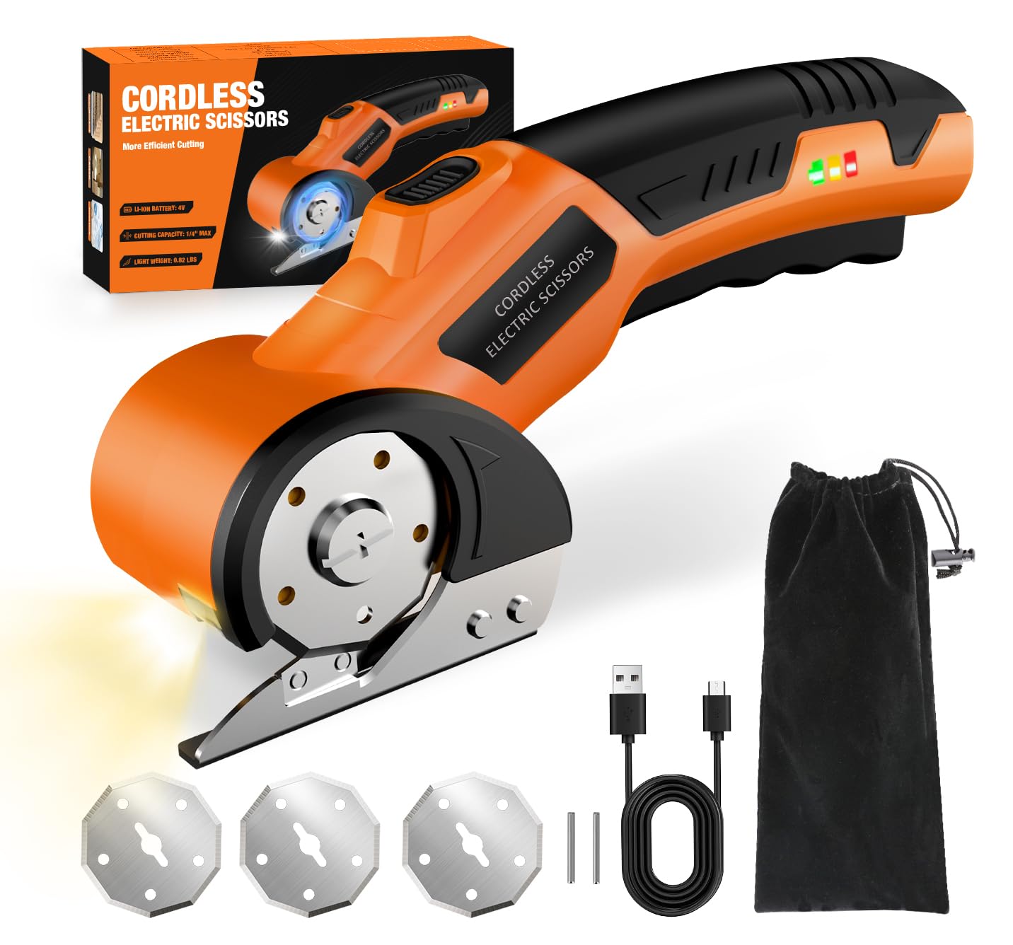 Cordless Electric Scissors,4V Rechargeable Cardboard Cutter Heavy Duty Scissor with Safety Lock &amp; LED Light for Box Carpet Plastic Fabric(Orange)