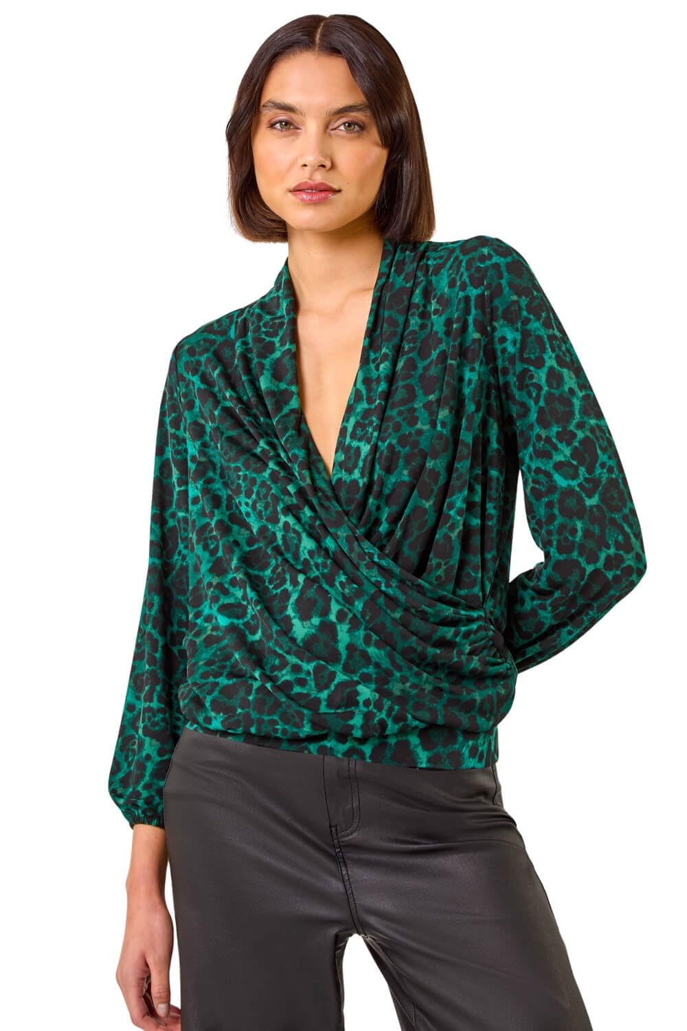 Roman Originals Women's Dark Green Animal Print Stretch Wrap Top For Uk - Everyday Autumn Winter V-Neckline Comfy Soft Evening Vacation Work Party Night Out - Size 20