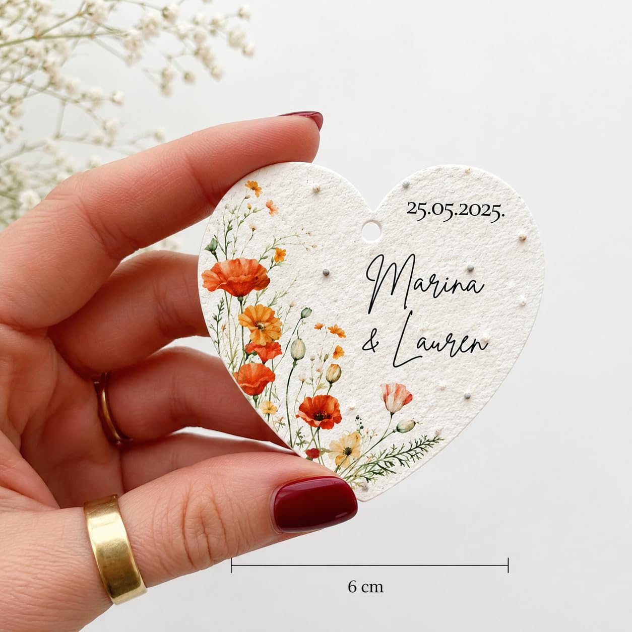 Personalisierte Samenpapier Herzen 6 cm | Gastgeschenk Hochzeit | Papier mit Blumensamen | Anhänger personalisiert | Nachhaltiges Give Away | mit oder ohne Loch (100, Ohne Pflanzanleitung)