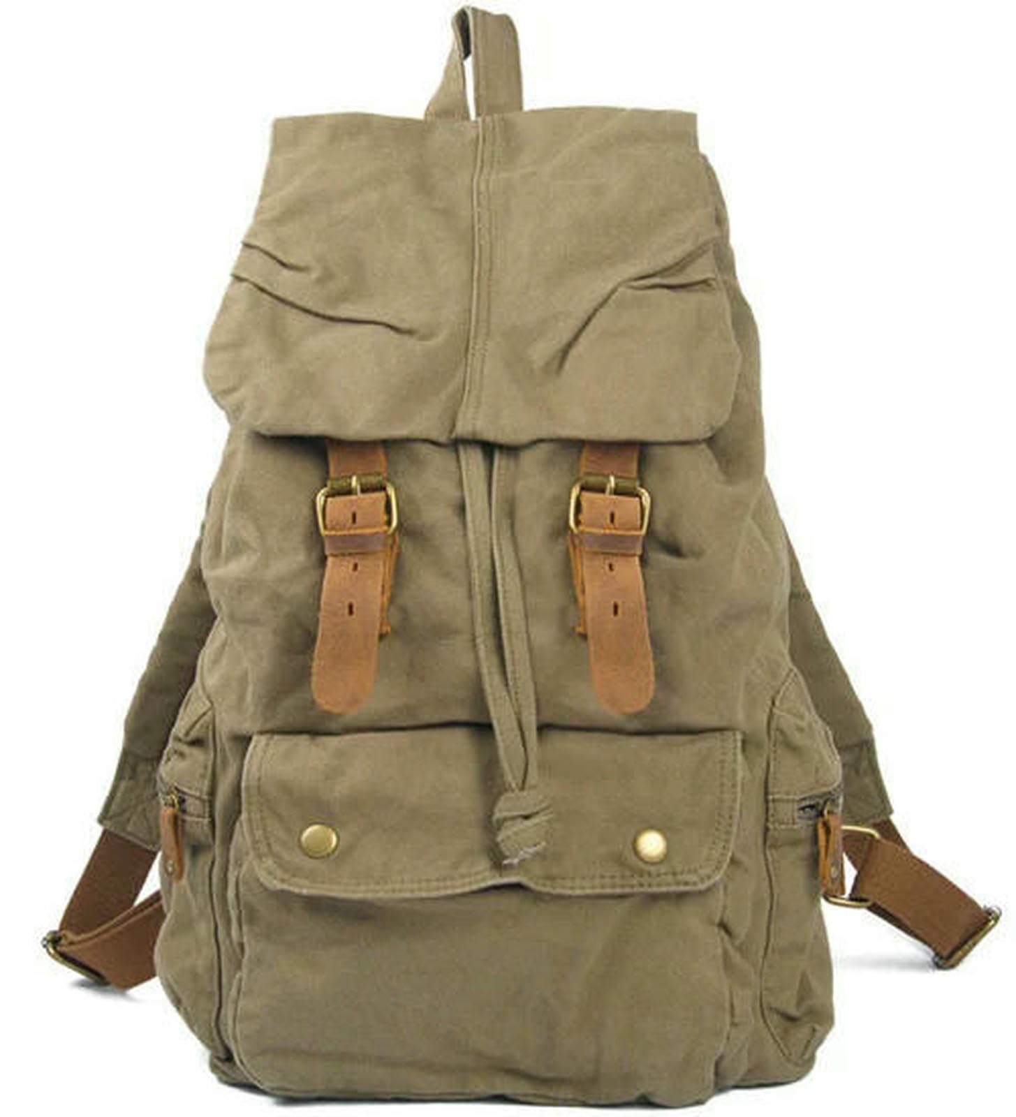 Rucksack Vintage-Rucksack Aus Canvas-Leder Für Herren, Mit Kordelzug, Schul- Und Reise-tagesrucksack, Freizeittasche Großem Fassungsvermögen-grün