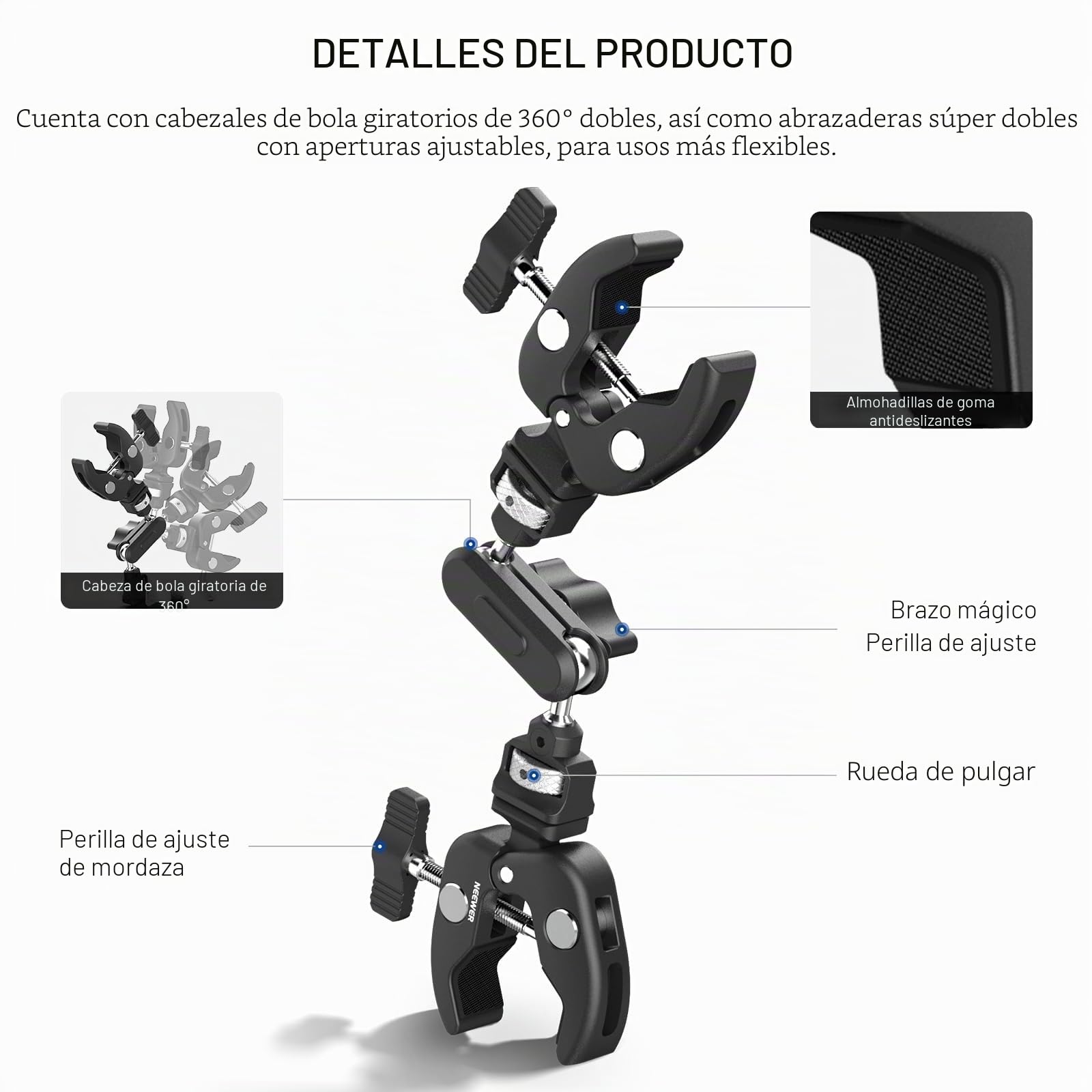 NEEWER Doble Súper Clamp Montaje Cámara con Brazo Mágico, Interfaz NATO, Zapatos Fríos,1/4" Agujeros para ARRI, Abrazadera de Soporte Luz Foto Estudio Escritorio Barra Transversal Paraguas, UA060