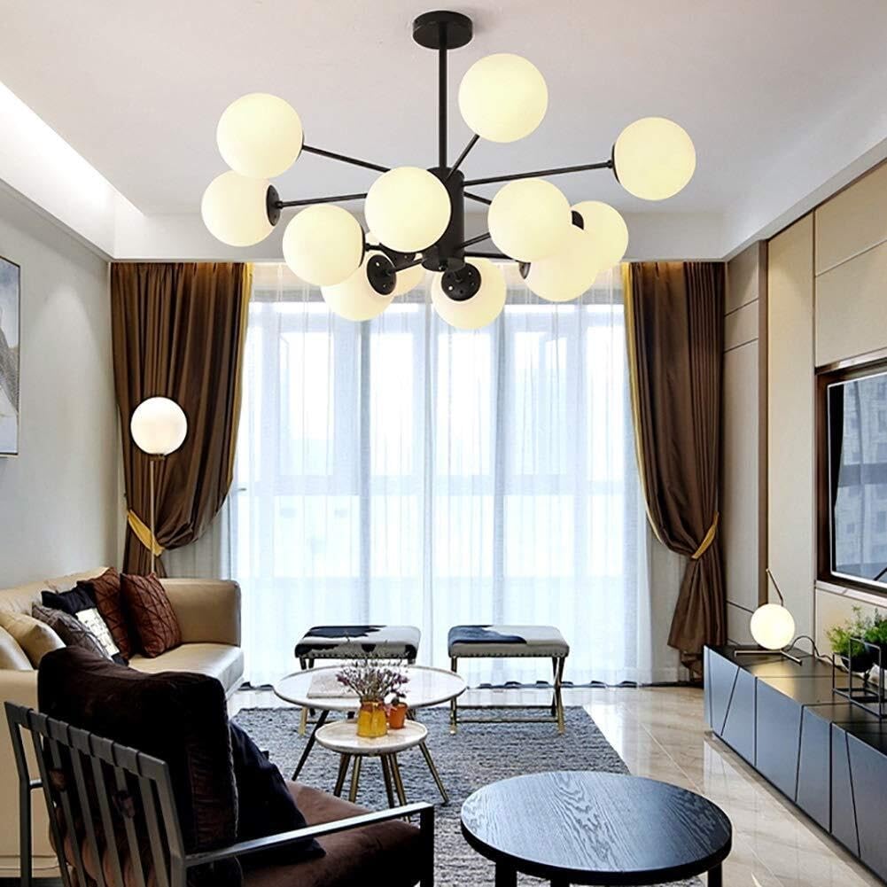 Sputnik E27 nowoczesna lampa wisząca, 12 świateł, styl Magic Bean, metalowa lampa wisząca z białym szklanym kloszem do sypialni, salonu i jadalni (12 świateł)