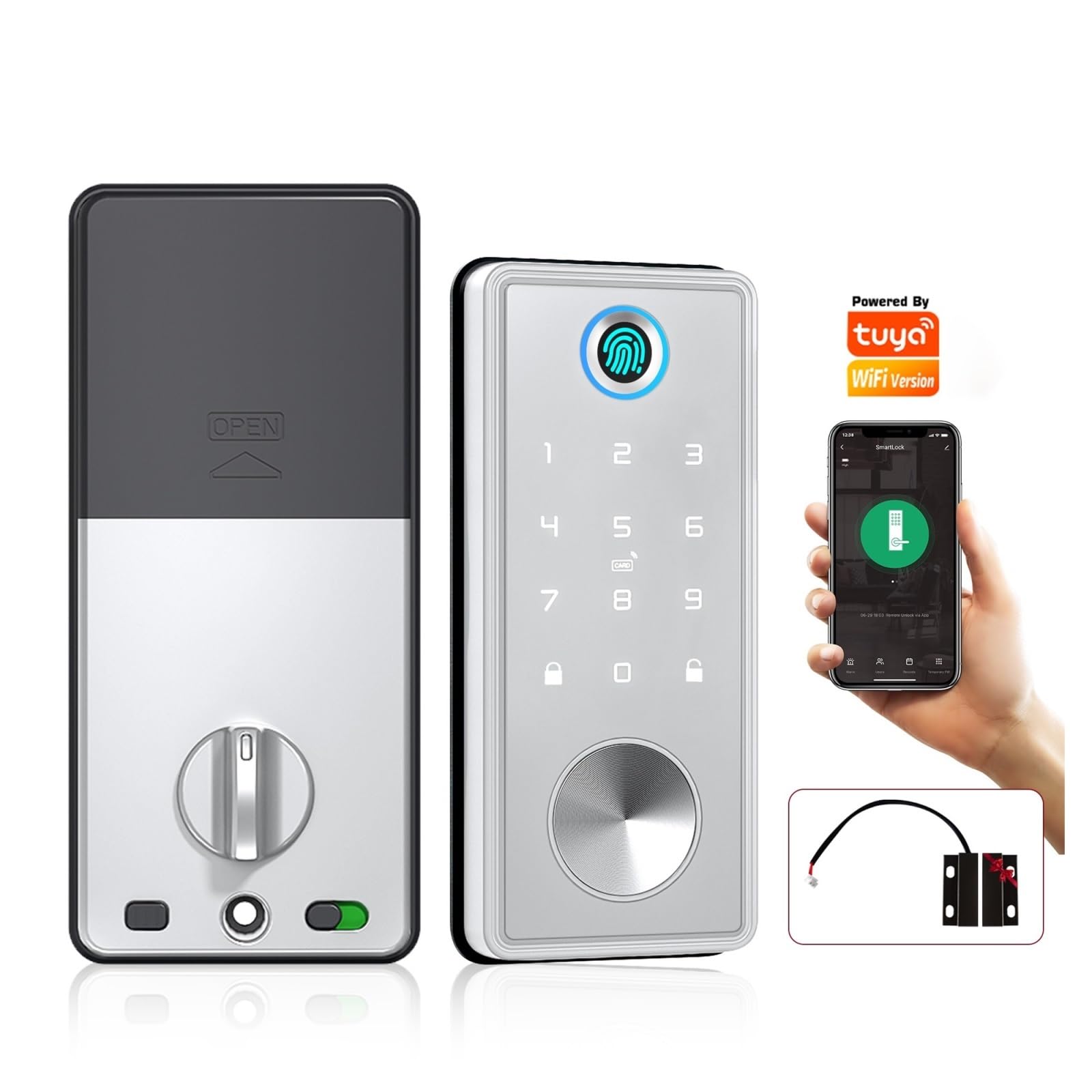 Serrature elettroniche automatiche con impronta digitale, password intelligente, codice della carta, accesso senza chiave, app Tuya WiFi o Ttlock(Silver Tuya Wifi App)