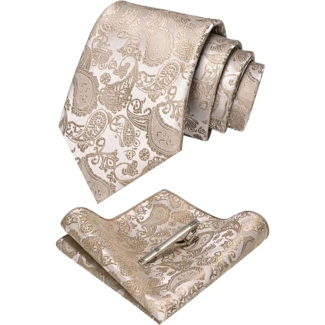 Juego de corbata y pañuelo de bolsillo para hombre con estampado de cachemira, color liso