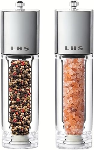 LHS Molinillo de sal y pimienta, juego de 2 molinillos de acero inoxidable con mecanismo de precisión y rotor de cerámica con grosor ajustable