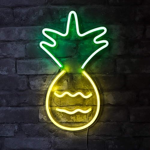 Isaac Jacobs Letrero de pared LED neón de 17 x 10 pulgadas con diseño de piña amarilla y verde para luz fría, arte de pared, decoración de