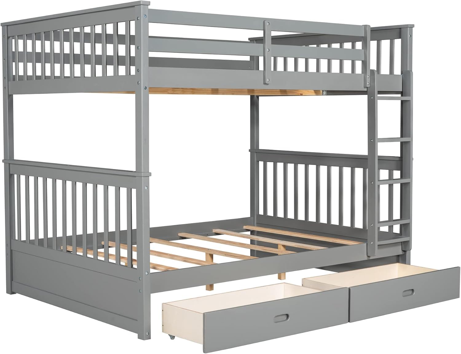 MERITLINE Full Over Full Bunk Bed in Grey with Storage Drawers