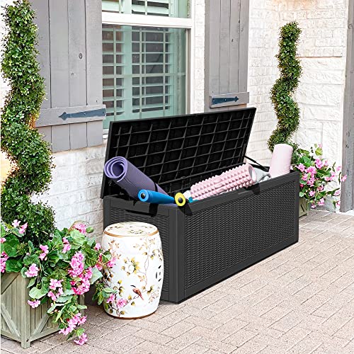 Gunji 100 Gallon Outdoor Storage Box Waterproof Large Resin Deck Box Patio Storage Bench Lockable Storage Container For Outdoor Cushions, Pool Supplies And Garden Tools (Black) #TOP6