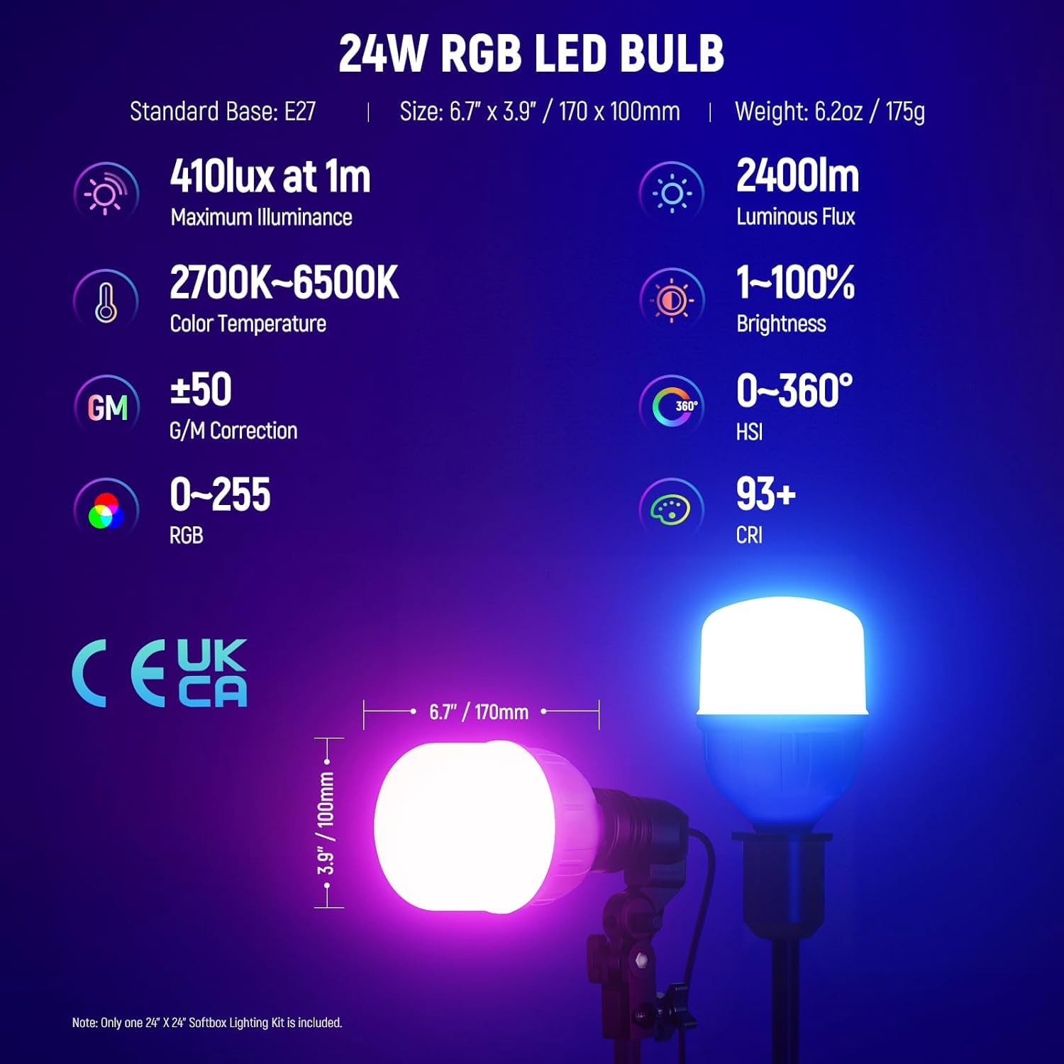 NEEWER Zestaw świetlny RGB Softbox z aplikacją i 9 trybami efektów, 24 W żarówka LED CRI93+ TLCI98+, E27 Porcelanowa nasadka, 24" Softbox, do oświetlenia fotograficznego studyjnego, NK800