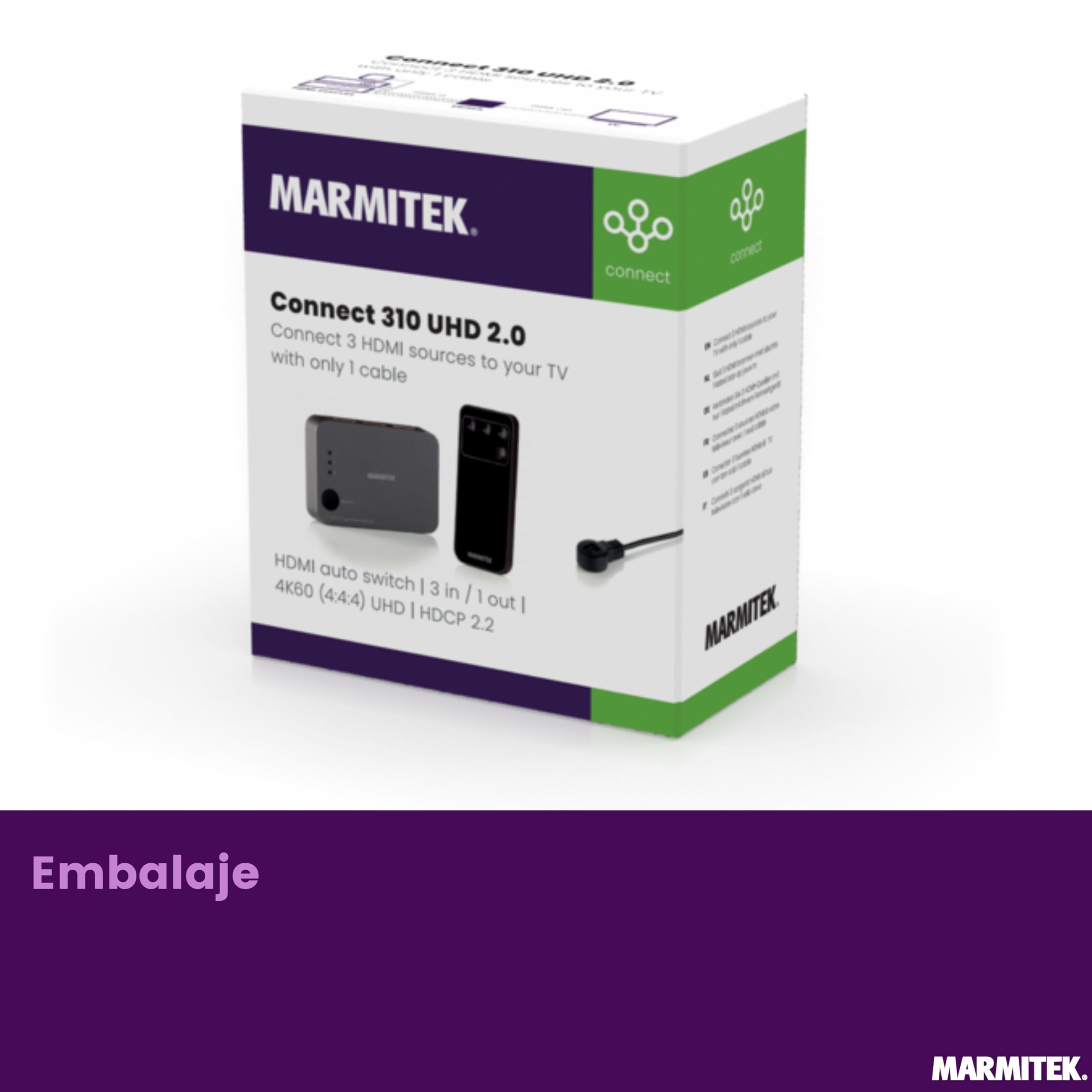 Marmitek Connect 310 UHD 2.0 - Switch HDMI 4K60 3 entradas 1 Salida UHD
