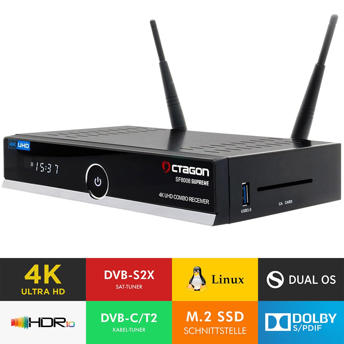 Octagon SF8008 4K Supreme Combo + 256GB Festplatte INTERN + NONIC HDMI Kabel, Sat- Kabel- & DVB-T2 Receiver, E2 Linux & Define OS, mit Aufnahmefunktion, M.2 M Key, Gigabit LAN, Sat to IP, WiFi
