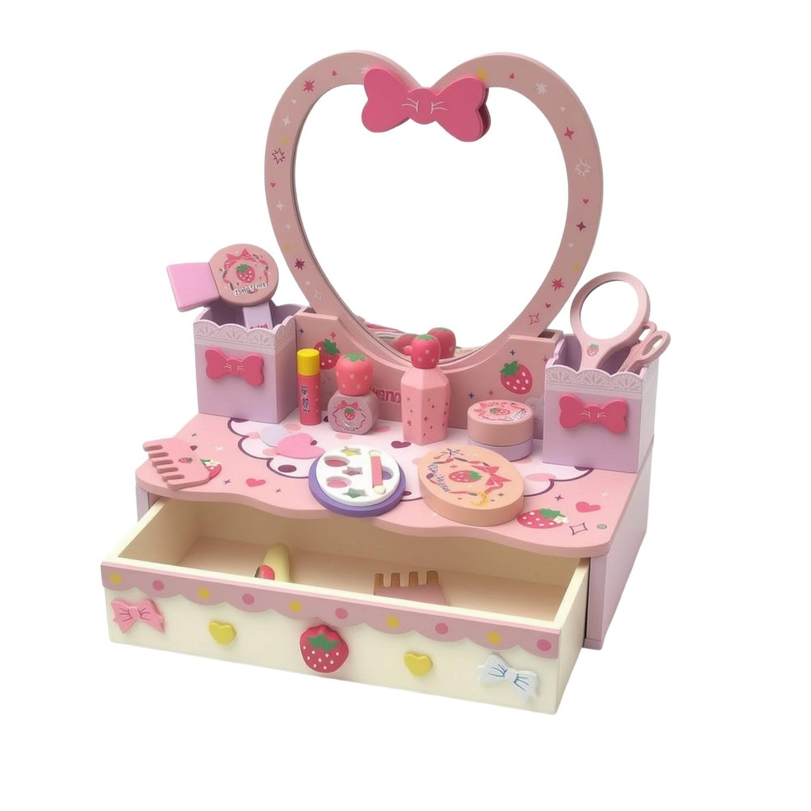 Baoblaze Toeletta Giocattolo Bambina Toelettatura Trucco Specchiera Finta Legno con Specchio a Cuore Cassetto E Accessori di Bellezza Completa di Pettine Forbici Rossetto Adatta per Cameretta
