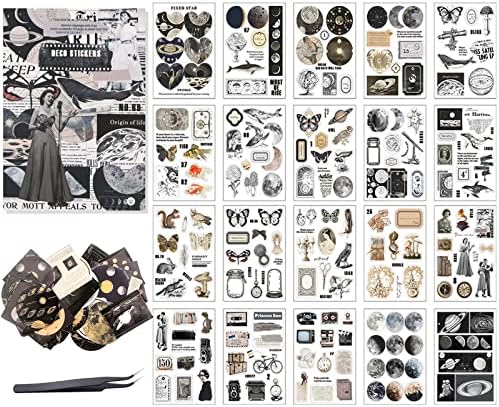 Carreuty 211PCS Scrapbooking Stickers, Vintage Style Astronomy Celestial Transparent Stickers Decorative Planet Moon Space Stickers with Tweezers for Scrapbook Supplies Journal Kit, DIY Card Making