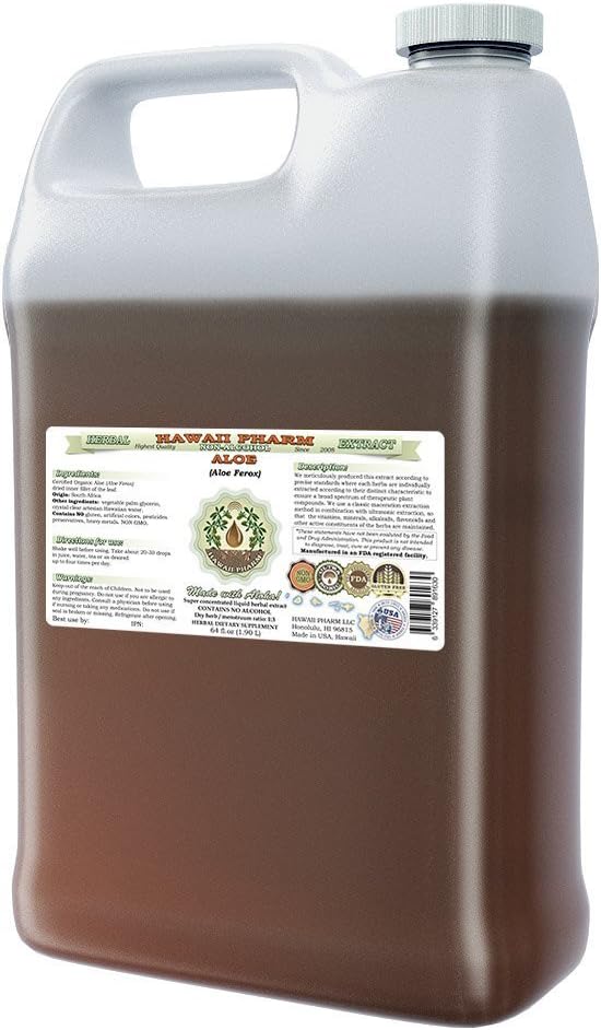 Hawaii Pharm Aloe Alcohol-Free Liquid Extract, Aloe (Aloe Ferox) Dried Leaf Glycerite Natural Herbal Supplement 64 oz