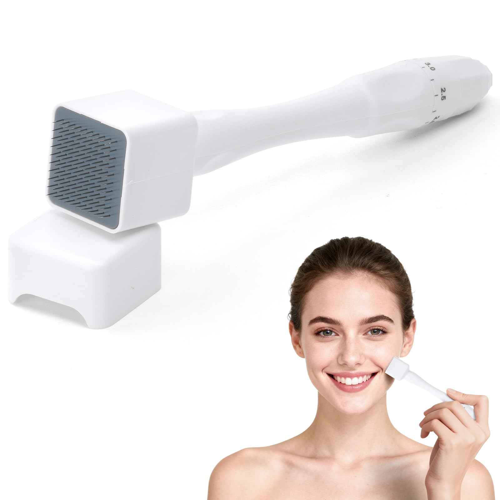 Timbro Dermastamp Derma Stamp Regolabile 0-3 mm Professionale Dermastamp Microneedling Regolabile, Derma Roller per Capelli, Barba, Viso, Corpo, Bianco(140 perni)