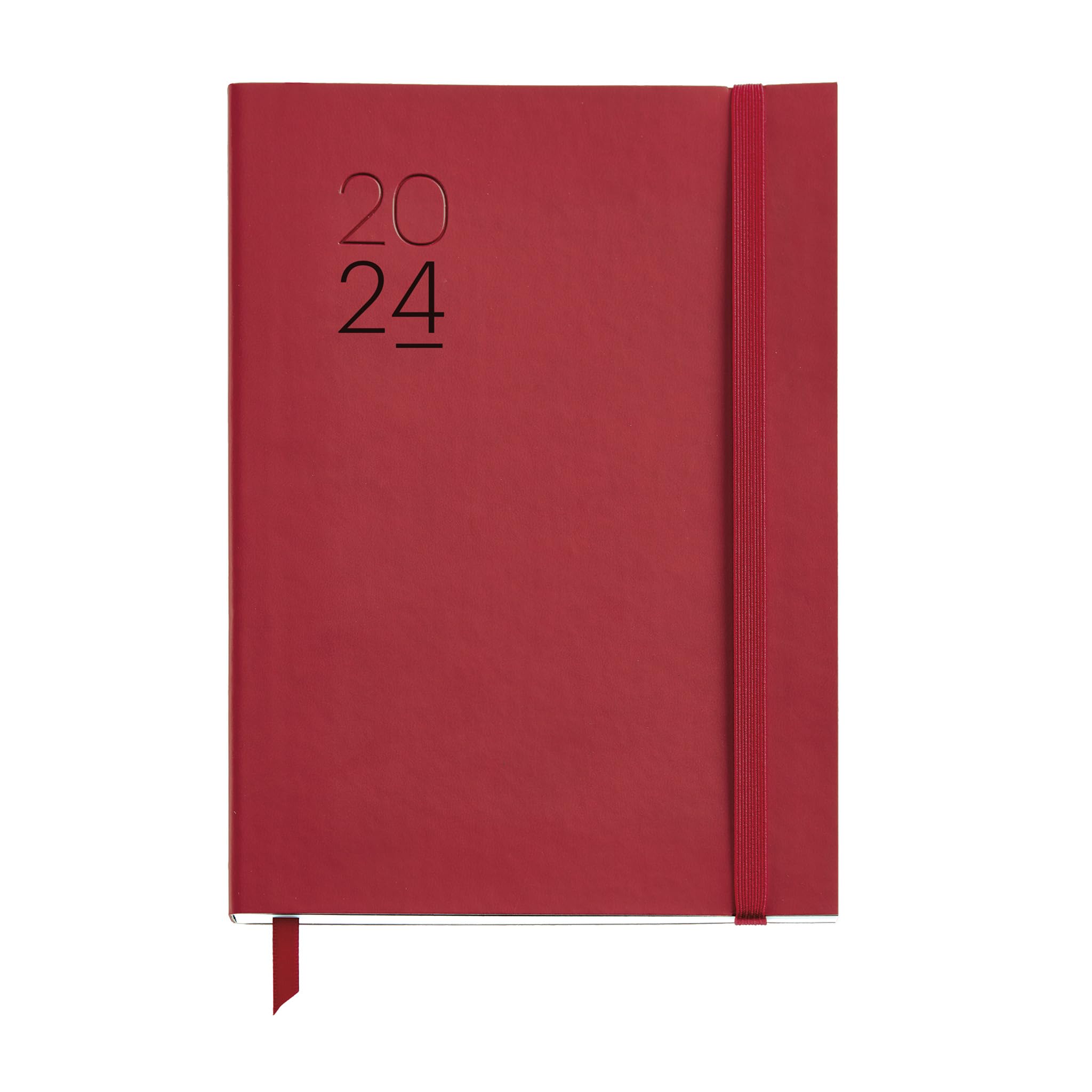 Miquelrius - Annual Planner 2024, Day Page, Plus Size 155 x 213 mm (similar A5), Flexible Stitched Leather Cover, Catalan, English and Portuguese, Red