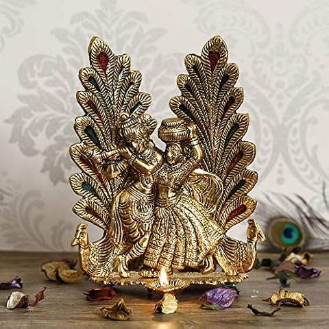 eCraftIndia Golden Radha Krishna Idol Metal Decorative Showpiece with Diya Cover
