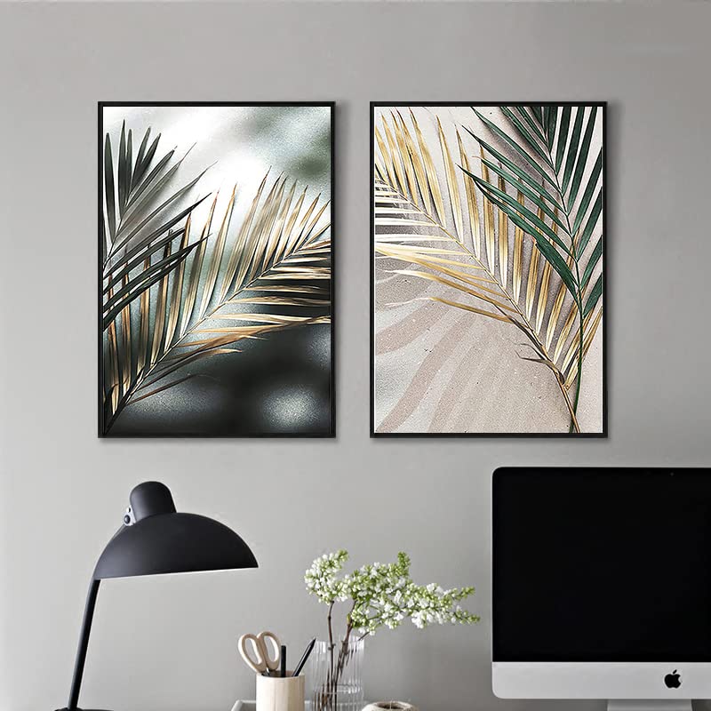Lot De 3 Posters Toile LPFNSF - Feuilles Vertes Dorées - Décoration Murale Moderne Sans Cadre - 20x30 Cm - Pour Salon, Chambre, Couloir