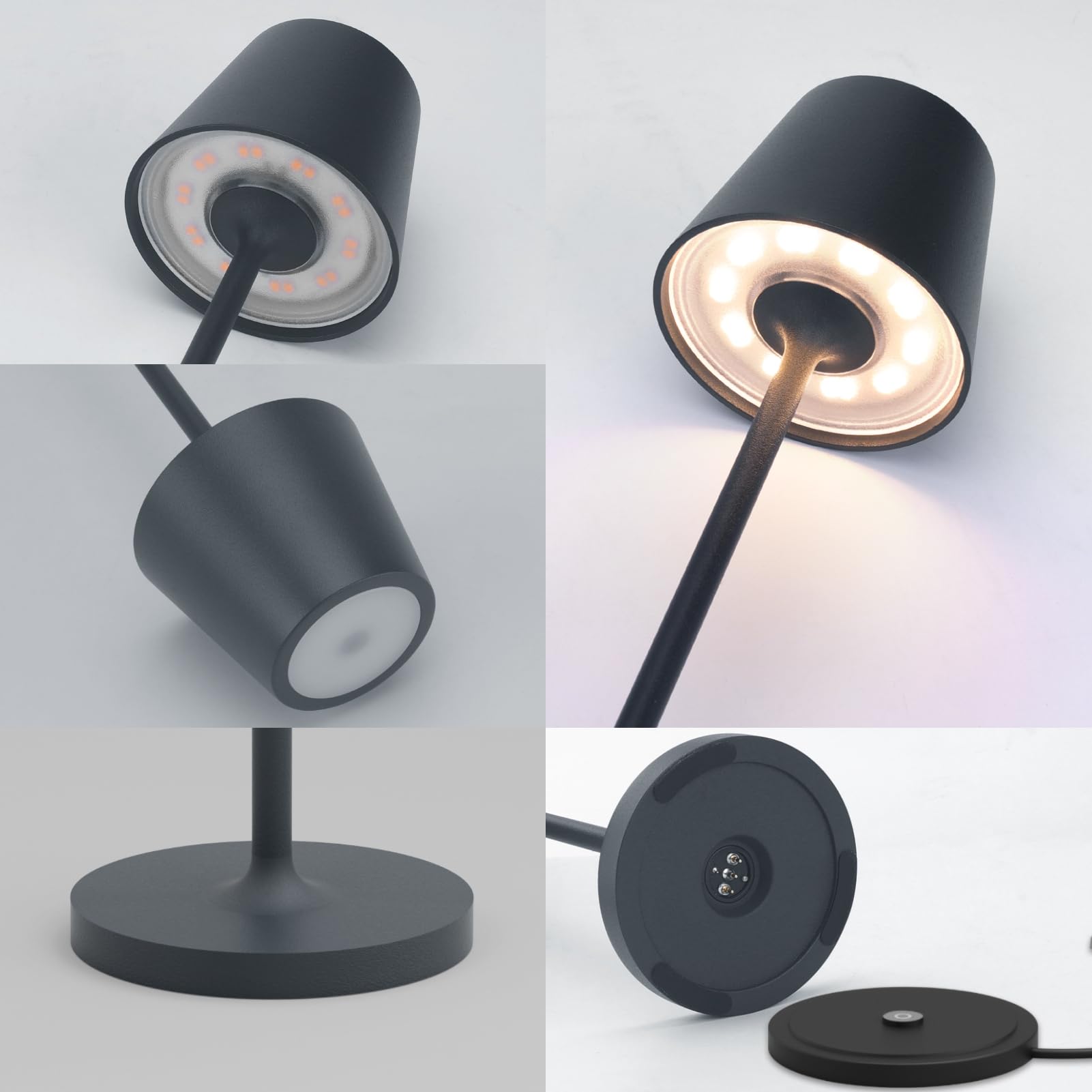 K-Bright 2 pezzi mini Lampada LED Dimmerabile da tavolo, H27.5cm，Ricaricabile Colore luce calda, piccolo Lampada da tavolo con base di ricarica a contatto (Antracite)