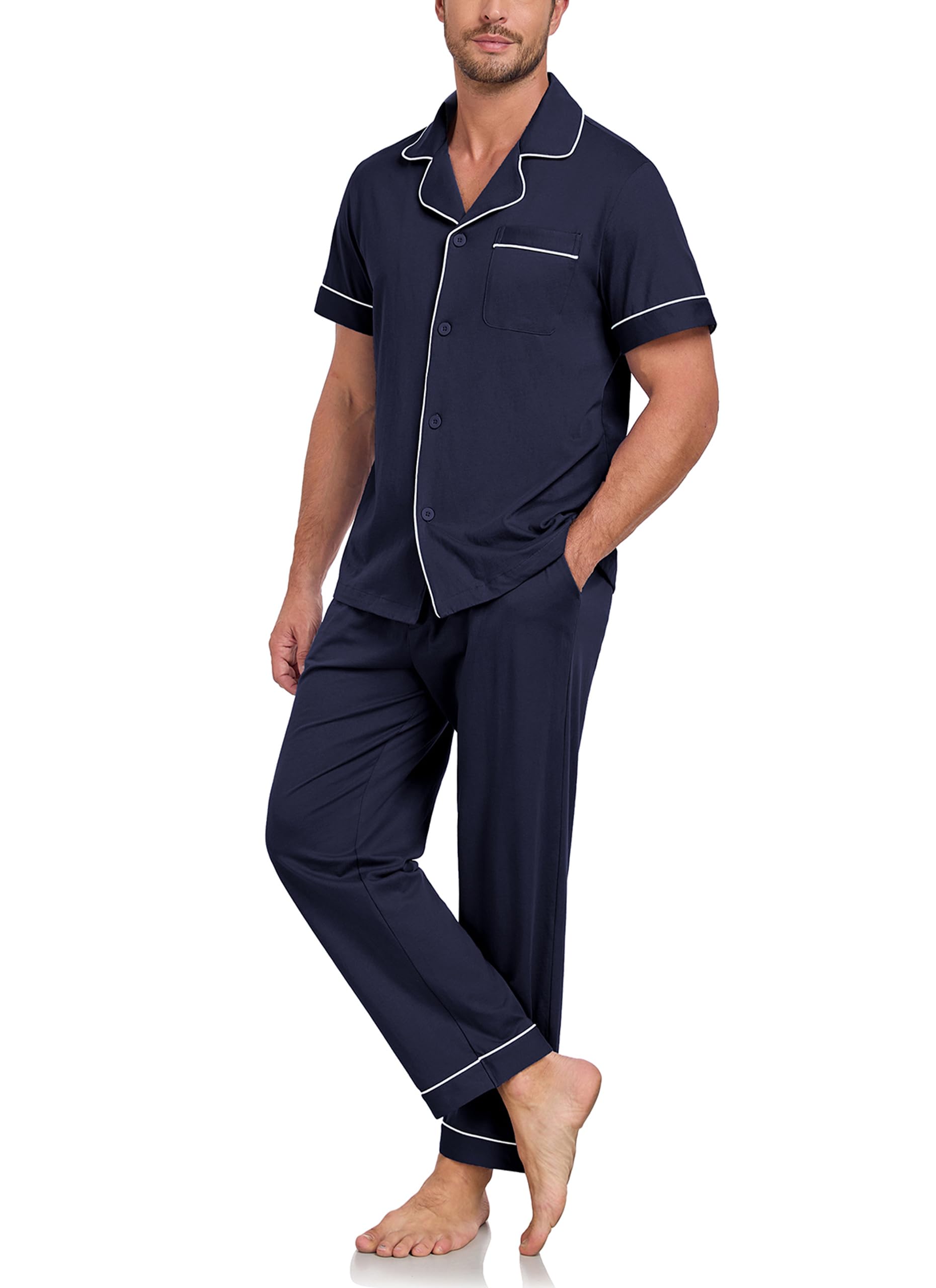 EA'S SECRET Mens Pajamas Set 100% Cotton Soft Button Pajamas for Men Short Sleeve Sleepwear 2 Piece Lounge Pjs Sets