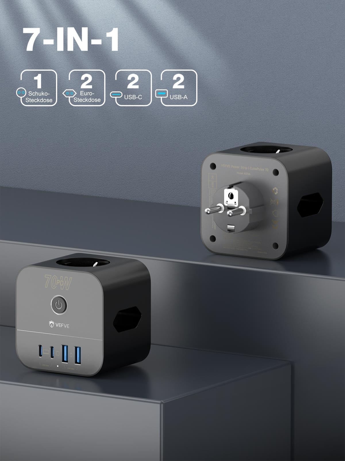 VEFVE Steckdosenwürfel ohne Kabel mit 70W USB C Ladegerät Mehrfachsteckdose | Kabelloser 7 in 1 Mehrfachstecker mit 70W Power Delivery. Bietet 3 Steckdosen und 4 USB Ports. Schalter, Kindersicherung