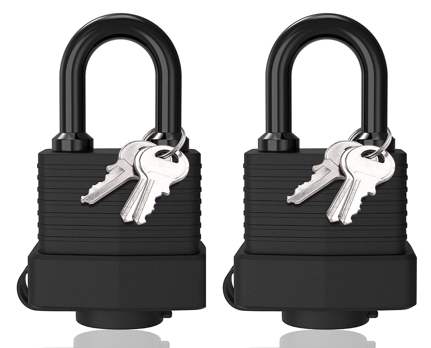 KASTWAVE Padlock with Key, 2 Pack, 3 Keys, Black, Weatherproof, Waterproof, Heavy Duty, Anti-Cut, Laminated Steel, Gym Locker, Garage, Fence, Shed, Yard