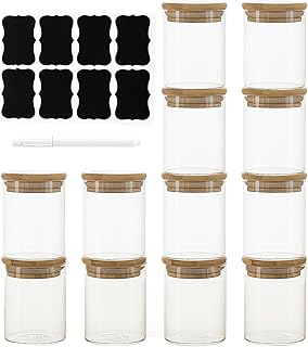 12 Packs Round Spice Jars with Label, 8oz Stackable Airtight Food Storage Containers, Practical Small Glass Jars to Go for Cookie, Coffee, Yogurt, Overnight Oats, Sugar, qtip, cotton balls and Candle