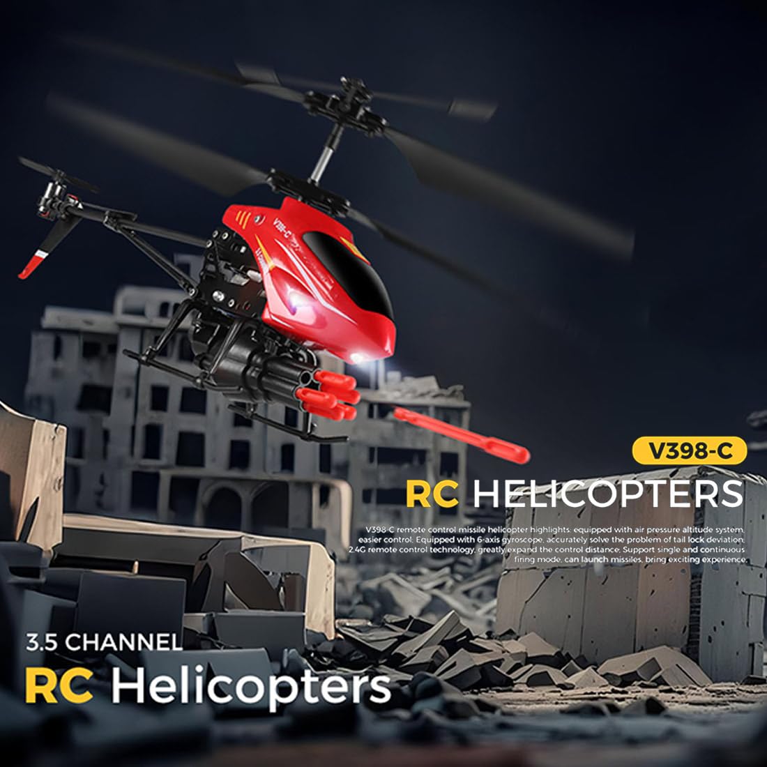WL V398-C helikopter rakietowy RC dla dorosłych, pilot zdalnego sterowania 2,4 G 4CH, regulowana przepustnica lewa/prawa, 6-osiowa stabilność żyroskopowa i światła LED, prezent dla fanów