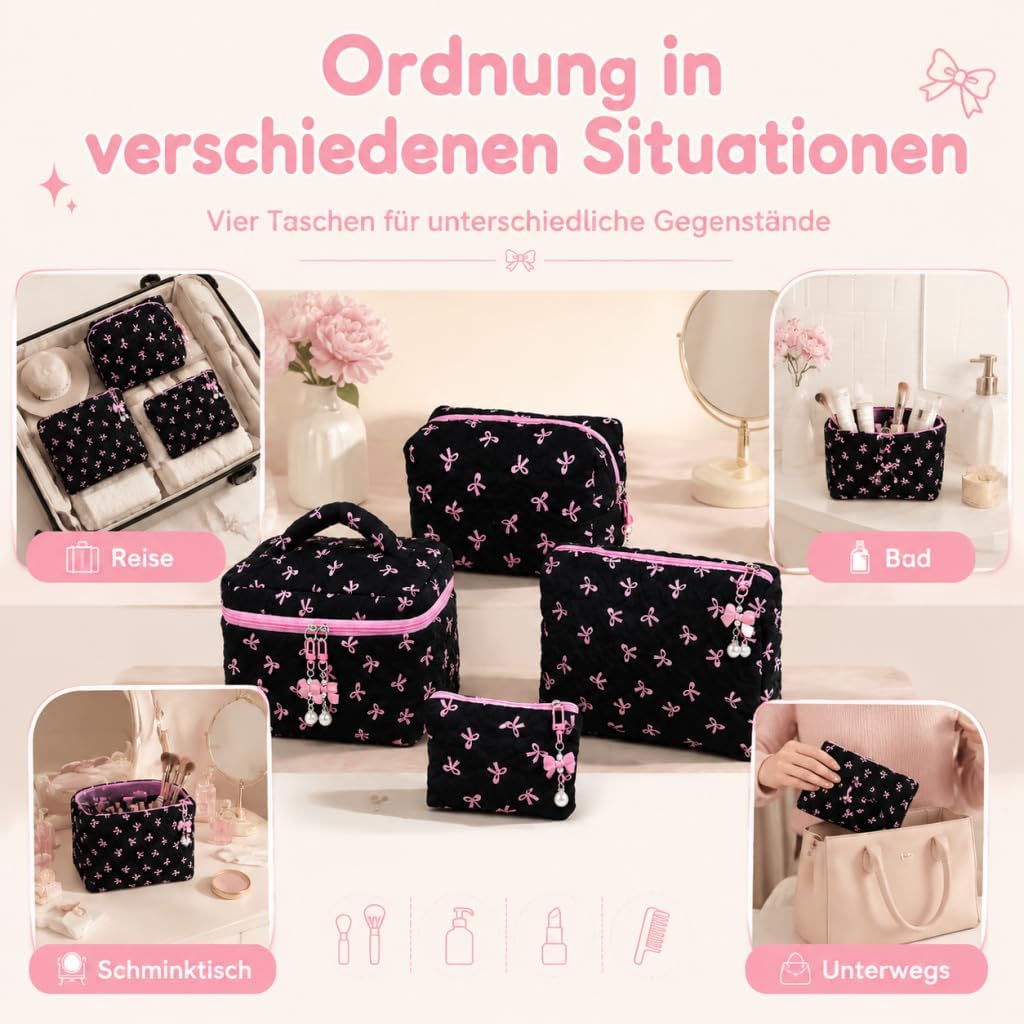 Cosmetic Bag Set Toiletry Bag Women with Flowers, Cotton Make Up Bag Bag, Portable Makeup Bag, Toiletry Bag, Travel Home, Cosmetic Bag Women Girls, Aesthetic Stuff Clean Girl Black (Black Bow)