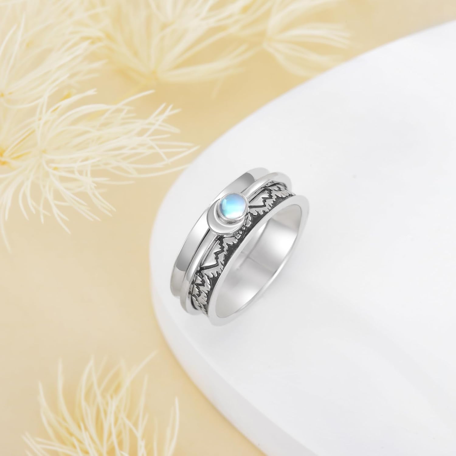 POPLYKE Sterling Silver Mountain Anxiety Spinner Rings Moonstone Ring Rotatable Mood Rings for Women Relieve Stress Gift 8 Size