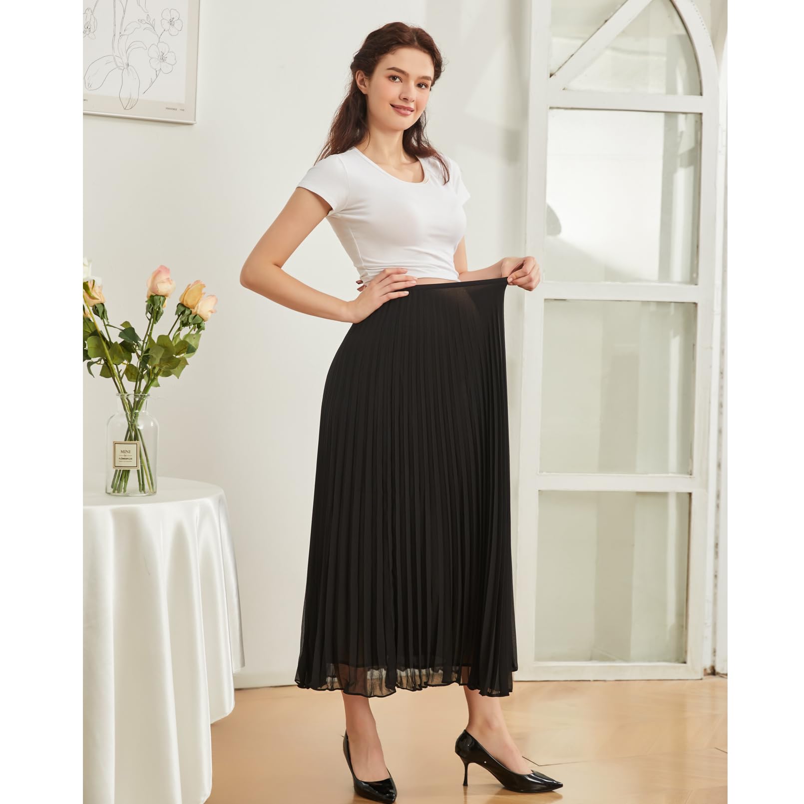 COLOMI Jupes longues pour femmes d'été de maternité, taille haute élastique, jupe plissée en mousseline de soie, jupe trapèze longue trapèze