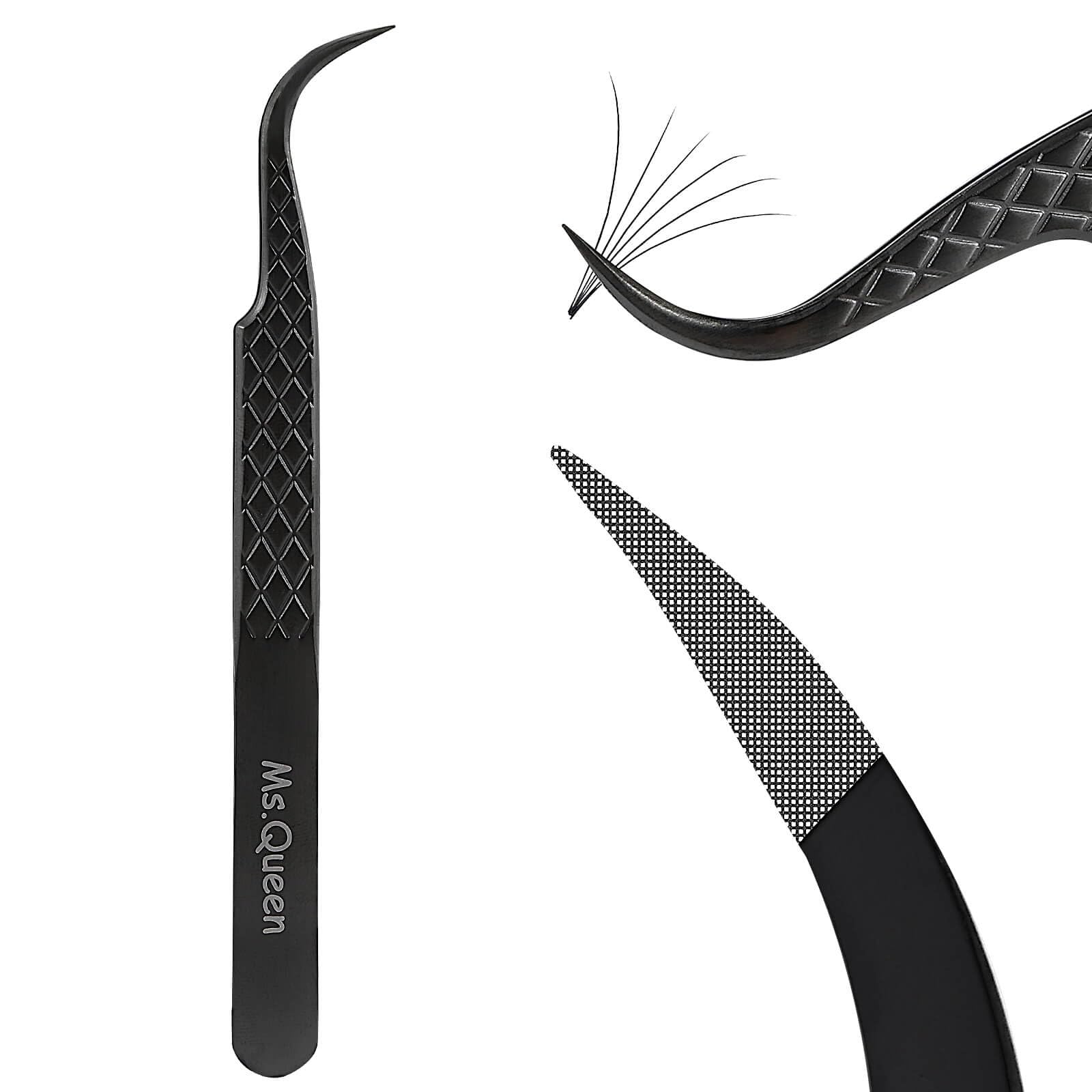 Ms.Queen Eyelash Tweezers For Extensions, Precision Diamond Grip Curved Lash Tweezers Fiber Tip,Black