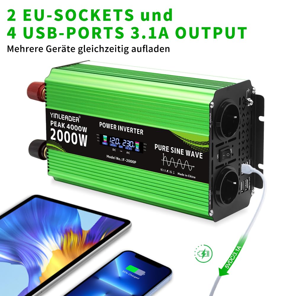 Yinleader Wechselrichter 2000W /4000W Spannungswandler Reine Sinuswelle 12V 230V mit 2 Eurosteckdosen und 4 USB Spannungsanzeige