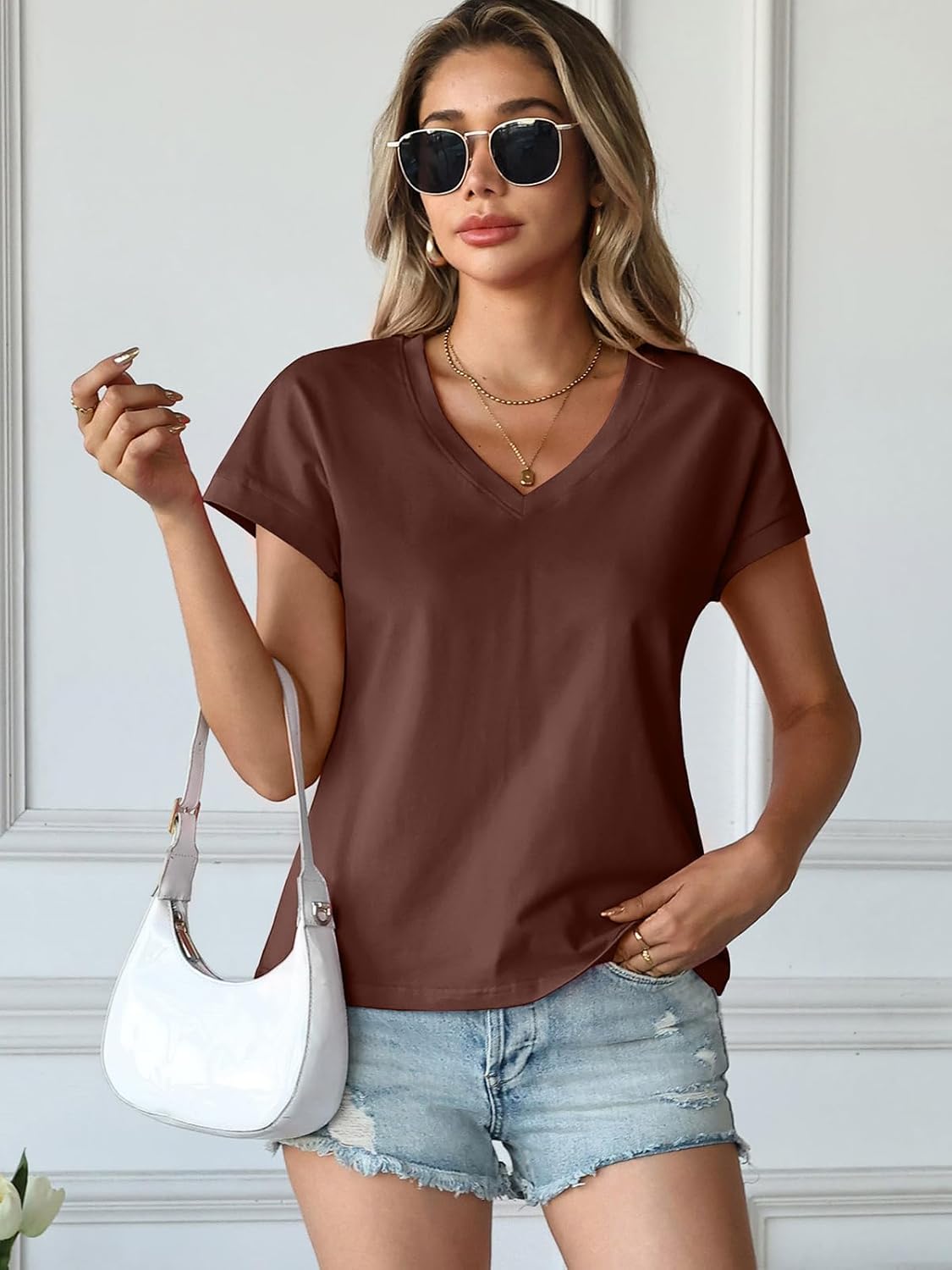 Womens Cap Sleeve Tops Cropped T Shirts Cotton V Neck Boxy Loose Fit Tee Short Sleeves Summer Fashion - Image 3