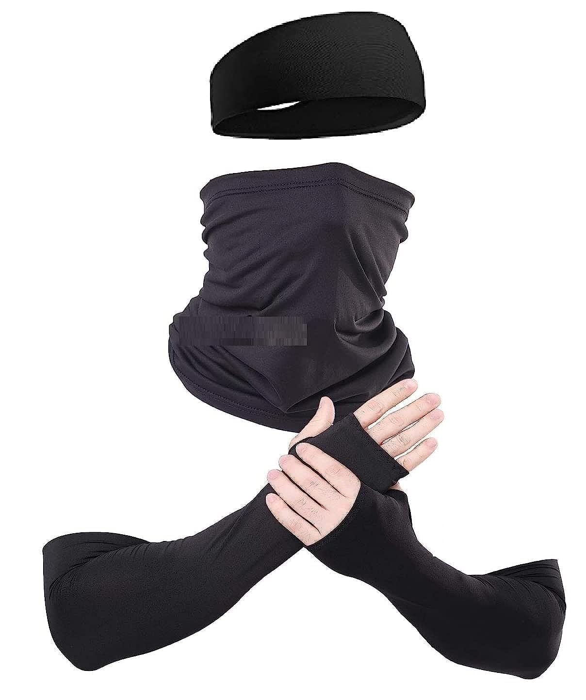 CaiuseCaiuse unisex Cotton Multi Sports Accessory Sleeves + Bandana/Face Shield/Cover + Headband Uv Sun Protection,Neck Gaiter/Warmer Mask Hairband Balaclava/Riding Accessory/Hiking/Runing,Black