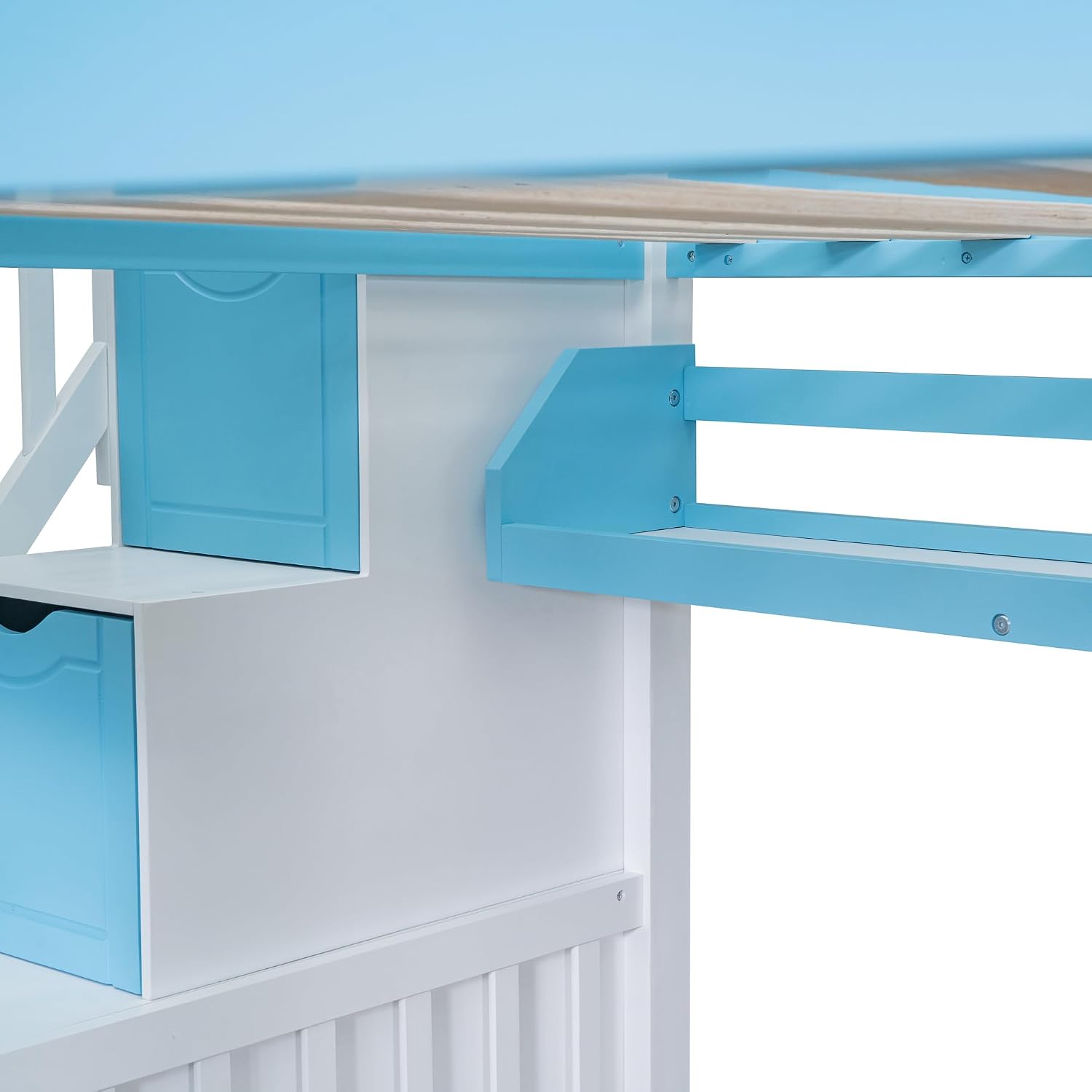 క్లోజ్-అప్ view of the SIYSNKSI bunk bed's staircase storage, showing shelves and a drawer integrated into the steps.