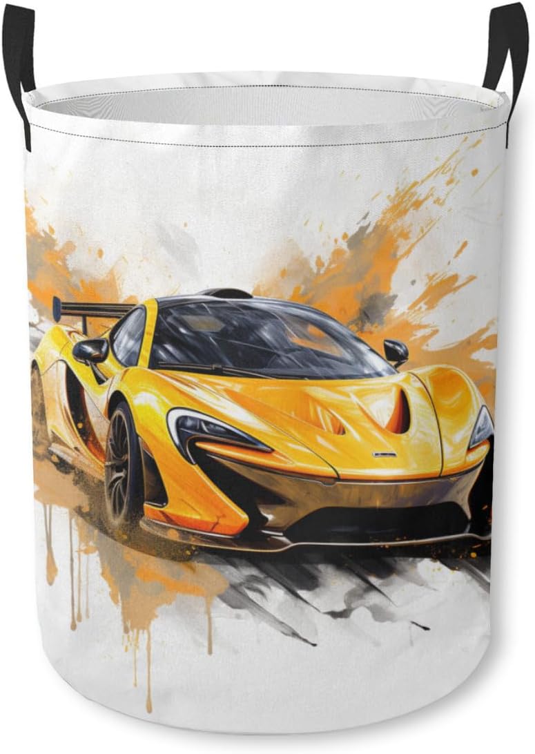 Orange Racing Car Waterproof Foldable Storage Bin, Dirty Clothes Laundry Basket, Canvas Organizer Basket for Laundry Hamper, Toy Bins, Gift Baskets, Bedroom, Clothes, Kids Hamper