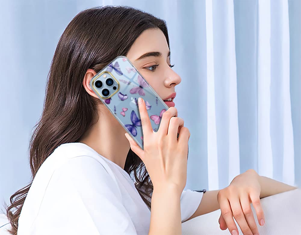 luolnh Compatibile con iPhone 13 Custodia con fiore, per donne femminili, antiurto, trasparente, motivo floreale, cover posteriore rigida per iPhone 13 da 6,1 pollici 2021, blu