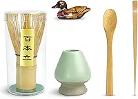 Artcome Conjunto de Chá Matcha Japonês de 5 Peças, Batedor Matcha, Colher Tradicional, Colher de Chá, Suporte para Colher, Suporte para Batedor de Cerâmica, Kit de Cerimônia MatchaConjunto De 5,Bambu