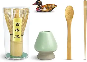 Artcome Conjunto de Chá Matcha Japonês de 5 Peças, Batedor Matcha, Colher Tradicional, Colher de Chá, Suporte para Colher, Suporte para Batedor de Cerâmica, Kit de Cerimônia MatchaConjunto De 5,Bambu