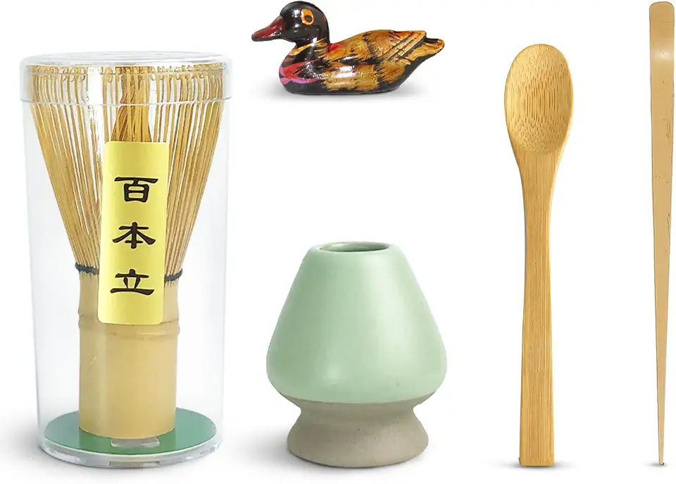 Artcome Conjunto de Chá Matcha Japonês de 5 Peças, Batedor Matcha, Colher Tradicional, Colher de Chá, Suporte para Colher, Suporte para Batedor de Cerâmica, Kit de Cerimônia MatchaConjunto De 5,Bambu