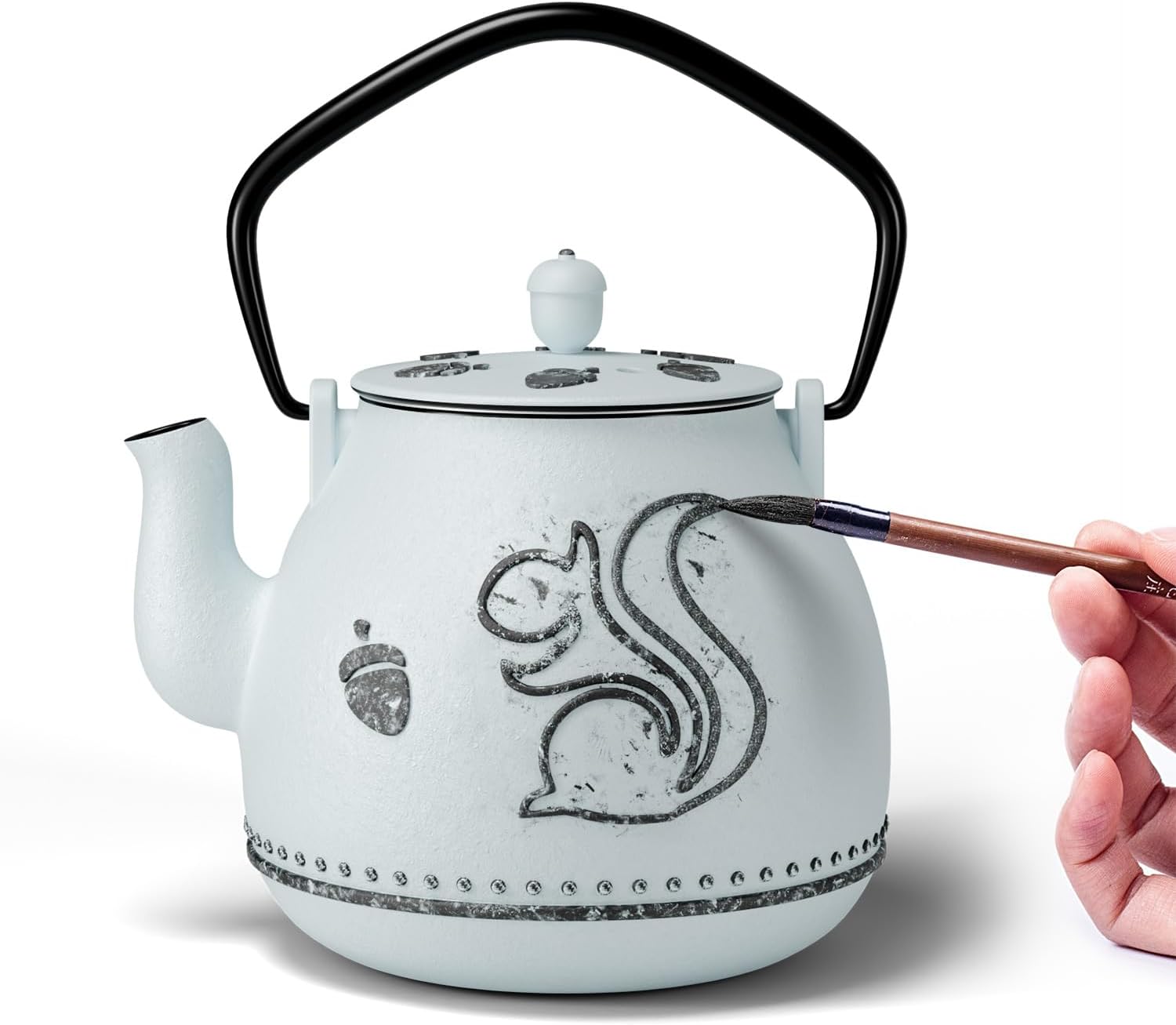 Teapot with Removable Infuser, Cast Iron Tea Kettle Stovetop Safe, Squirrel Design Tea Pot Coated with Enameled Interior for 32 Ounce (950 ml), Light Blue