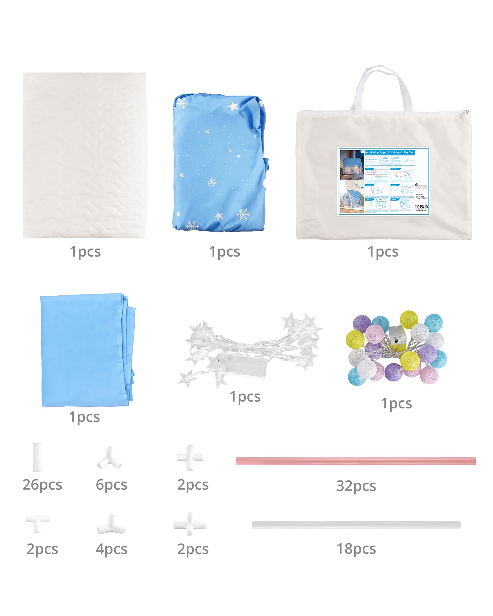 HOMGEN Kinderzelt mit Matte und Lichtern, Spielhaus Indoor für Kinder, Prinzessin Spielzelt für Kinderzimmer Deko & Lesezelt, für 3–12 Jahre,Mädchen und Jungen, 160×105×128cm, blau